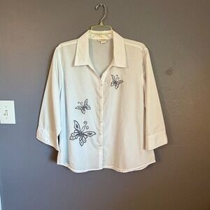 Tia Designs Womens White Butterfly Studded Button Down 3/4 Sleeve Blouse XL
